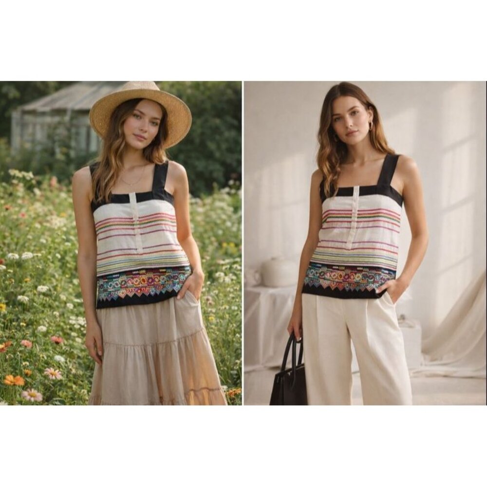 See By Chloé Women’s 6 Embroidered Top White Black Multicolor Boho Chic Indie